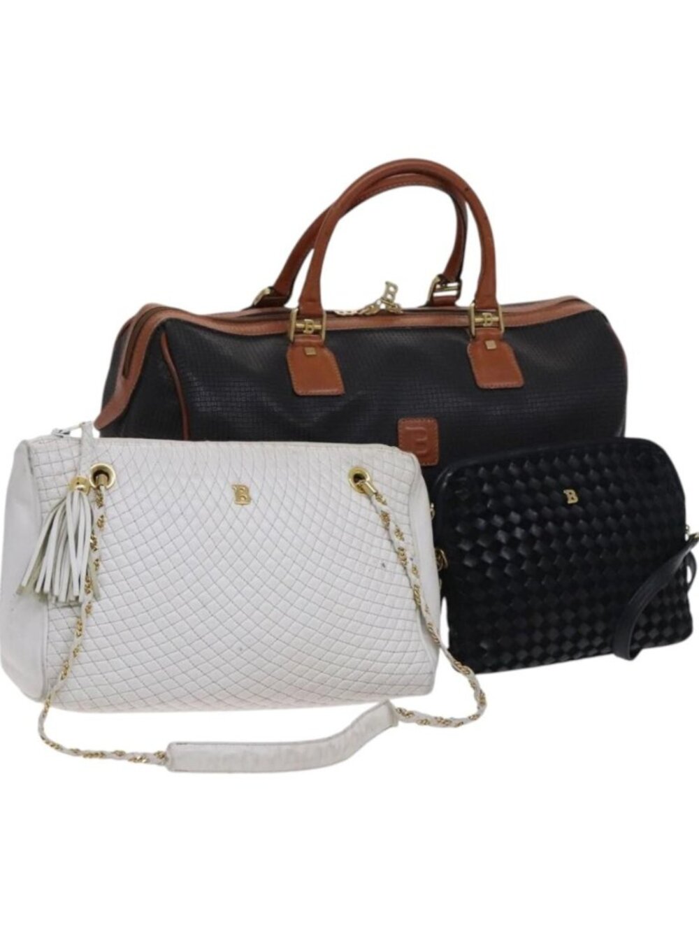 BALLY INTRECCIATO Shoulder Boston Bag Leather 3 Set Black White